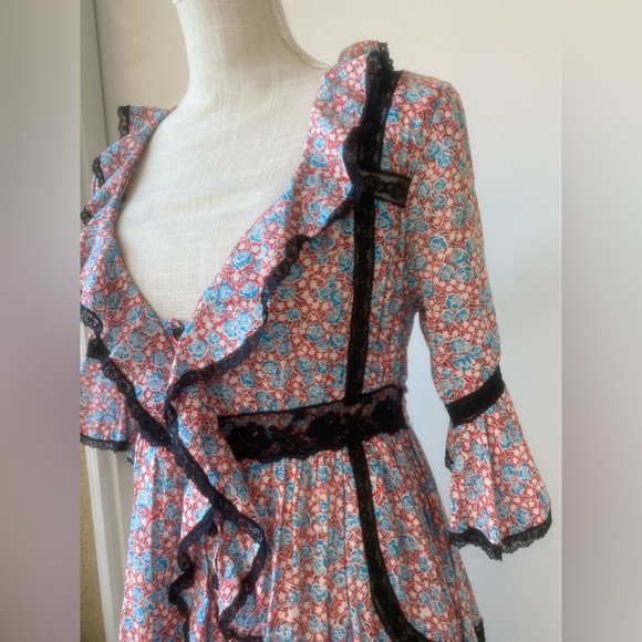 vintage free people floral lace ruffles retro button down mini dress sz 4 - Picture 2 of 15